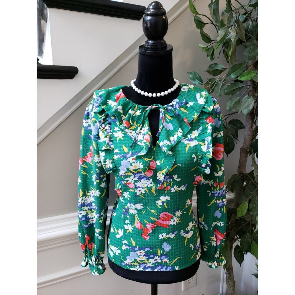 Women's LOFT Green‎ Floral Long Sleeve Ruffle Blouse Top XSP Petites Outdoor
